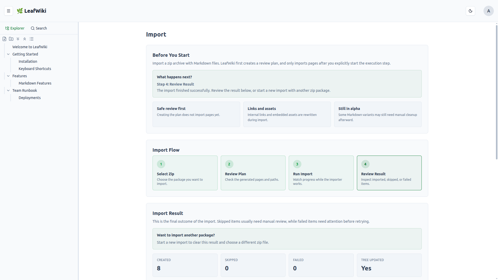 LeafWiki Markdown import